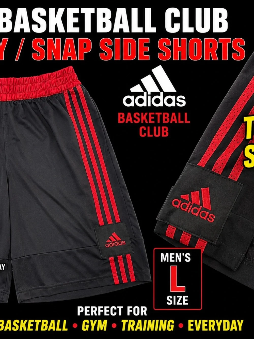 adidas Men’s Black & Red Snap-Side Athletic Shorts